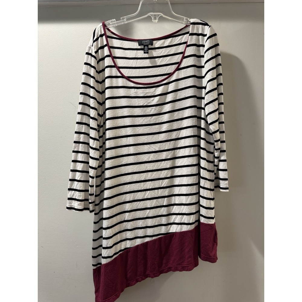 Jones New York Signature Striped Asymmetrical Tunic Top Black White Magenta M